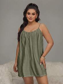 HautHeat Plus Size Women's Solid Color Pleated Casual Cami Nightgown - Army Green - View 6