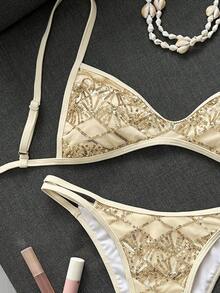 Bonvoyette 女款2件組夏季海灘比基尼套裝，刺繡亮片迷你罩杯雙肩帶上衣 & 雙繩泳褲，度假與游泳性感泳裝套裝 - 米色 - 查看 5