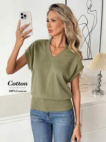 Easowa Women's Solid Color V-Neck Batwing Short Sleeve Casual T-Shirt - Green - View 2