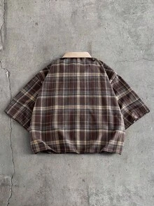 AXEPEAK Áo sơ mi nam ngắn tay kẻ caro in chữ, cài nút đơn - Nhiều màu - Xem 3