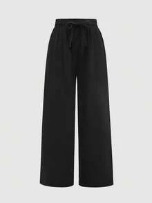 SHEIN Pantalones de chándal de unicolor con cordón para niñas preadolescentes - Negro - View 5