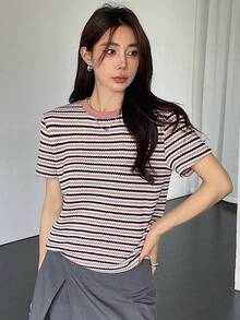 Dazy-Less 女士拼色格子短袖T恤老款夏季商务休闲女士工作服 - 粉色 - 查看 4