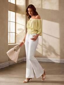 Selenza Celana Jeans Wanita Model Flare Kasual dengan Hiasan Rhinestone dan Kantong, Cocok untuk Pesta Malam di Klub, Warna Putih, dan Musim Panas. - Putih - View 7