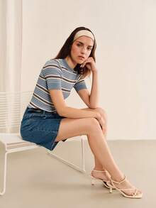 lacRébo Blue Striped Fitted Ribbed Top With Short Sleeves And Round Neckline Summer Holiday Chic French Business Casual - Multicolor - View 1