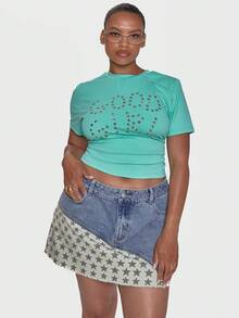 MUSERA Blue Studded Star Graphic Slogan Crew Neck Short Sleeve Fitted Tee T Shirt - Green - View 5