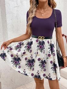 SHEIN Clasi Women's Vacation Ribbed Patchwork Floral Print Short Sleeve Dress Brunch Dark Purple Summer Cute Casual - Purple - View 6
