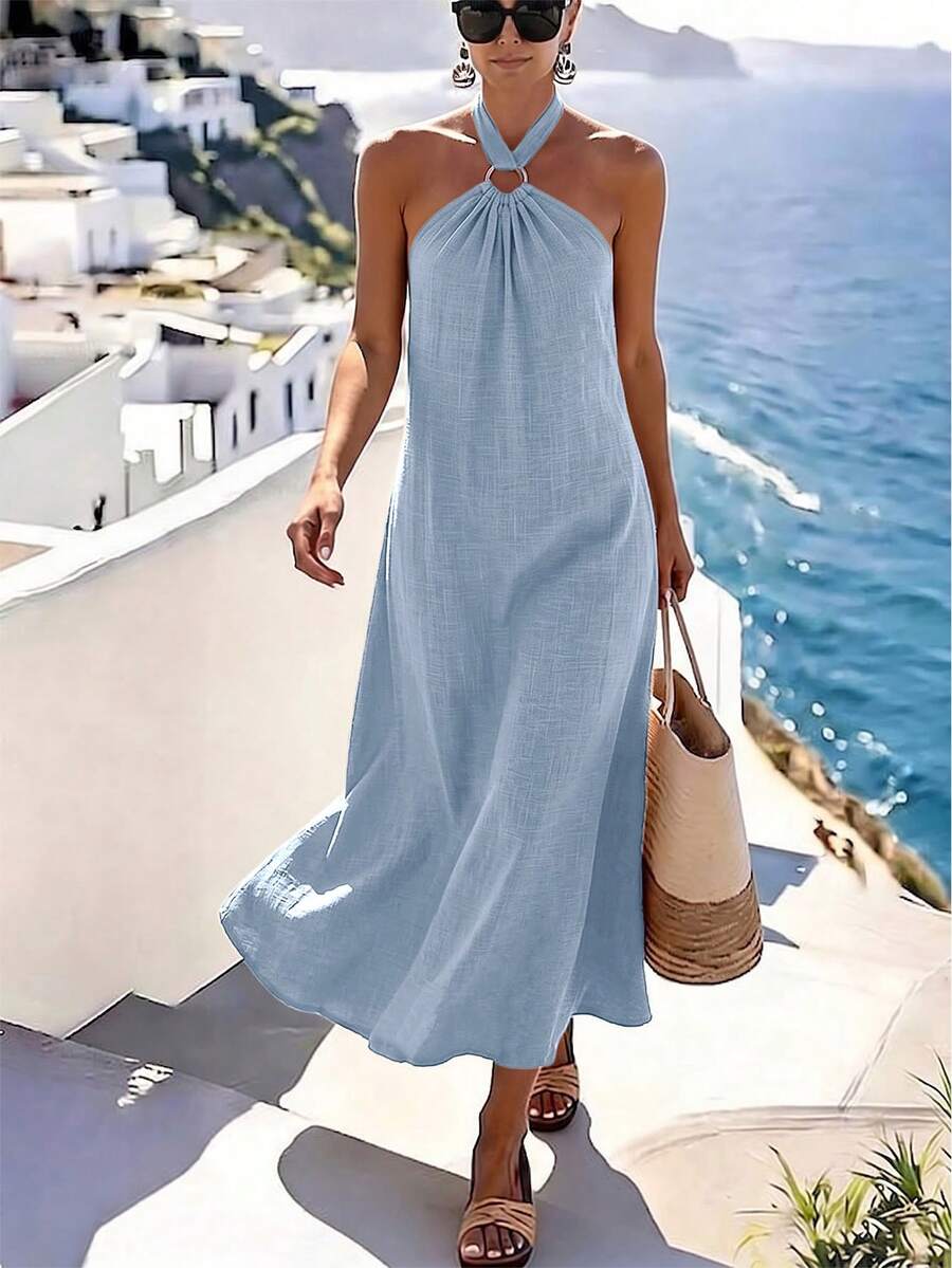 SHEIN Holidaya 女款優雅掛脖海灘度假洋裝,橘色修身A字裙,無袖大裙擺地中海度假風,寬鬆版型,圓環扣設計,溫婉優雅,適合旅行、度假與約會穿搭 - 淺藍色 - 查看 1