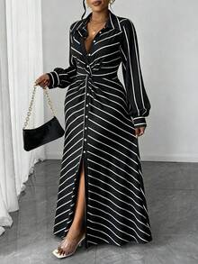 Maweii Plus Size Women's Casual Striped Knit Twist Design Long Sleeve Dress - Multicolor - View 5