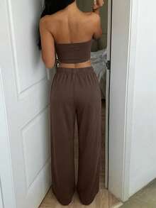 SHEIN EZwear Women's Solid Color Cropped Minimalist Bandeau Top And Casual Long Pants Set Everyday Dark Brown Summer - Chocolate Brown - View 3