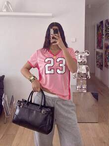 SHEIN HypeZone Women's V-Neck Numeric Pattern Color Block Casual Versatile Daily Wear Sports T-Shirt - Pink - View 1