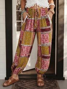 Wildy BOHO Vintage Casual Western Country Print Pattern Women's Autumn Daily Basic Outfit Outing Vacation Holiday Commute Pocket Lantern Pants Pink Floral - Multicolor - View 2