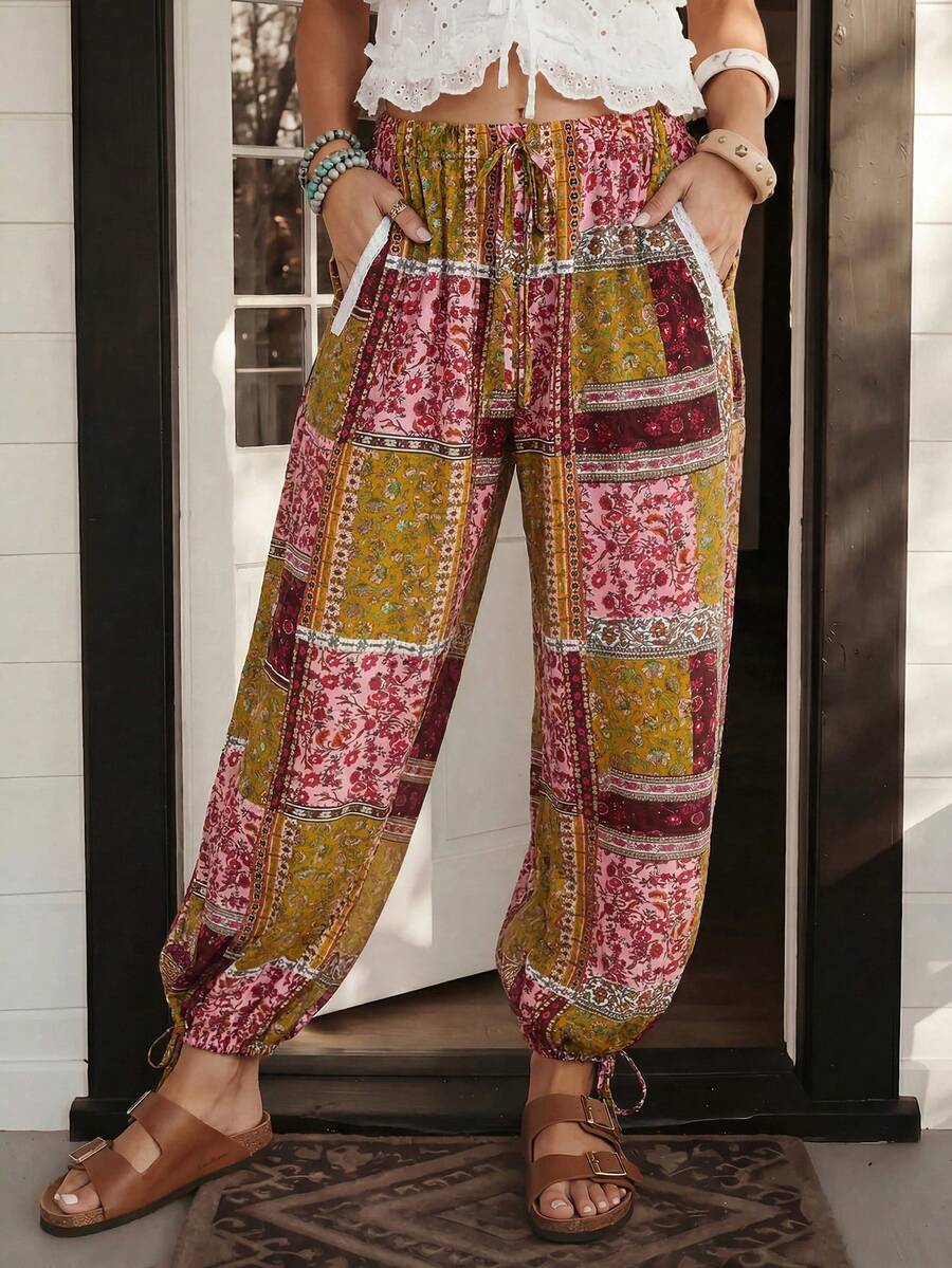 Wildy BOHO Vintage Casual Western Country Print Pattern Women's Autumn Daily Basic Outfit Outing Vacation Holiday Commute Pocket Lantern Pants Pink Floral