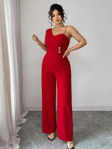 Elenzga Spring/Summer Women's Elegant Exquisite Asymmetric Neckline Cinched Waist Rhinestone Buckle Decor Button Pearl Shoulder Strap Jumpsuit, Suitable For Work, Commuting, Shopping And More Occasions - Red - View 5