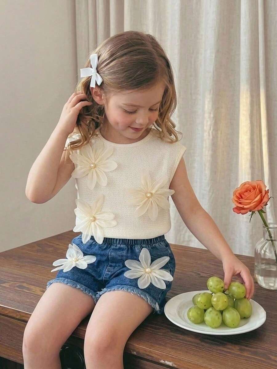 SHEIN Vintaside Kids 女童休闲可爱图案圆领落肩T恤和松紧腰流苏珍珠花卉装饰牛仔短裤套装 - 白色 - 查看 1