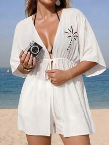 Swim Vcay 2026 New Women's Summer Beach Vacation Short-Sleeved, Loose-Fitting White Beach Kimono Cover-Up With Coconut Tree Decoration Tropical - White - View 5