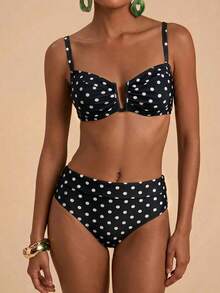 Travachic Bộ đồ bơi nữ mùa hè đi biển họa tiết chấm bi, áo bikini dây mảnh và quần tam giác - Đen và trắng - Xem 6