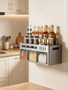 Este estante de especias integrado y montado en la pared es a prueba de óxido, no requiere perforación e incluye recipientes para especias y frascos de almacenamiento de cocina. - Multicolor - Ver 2