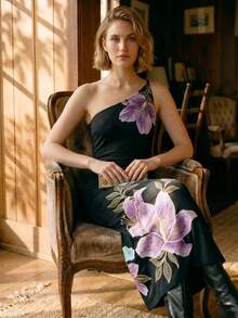 CAJUNI Tropical Floral Print Slim-Fit Midi Knit Dress, Elegant And Sophisticated. - Black - View 4