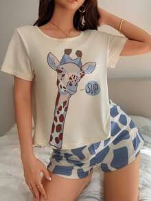 Women's Casual Fun Giraffe Print Pajama Set - Apricot - View 6