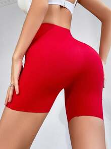 SHEIN 女款素色休閒極簡塑形瑜珈短褲 - 紅色 - 查看 2
