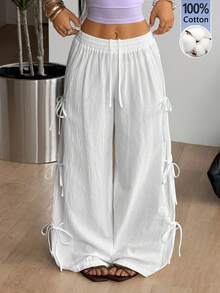 Coolane Women's Autumn Vacation Casual Vintage Boho Daily Wear Cotton Comfortable Straps White Baggy Pants Vacation Outfits Women White Pants - White - View 3