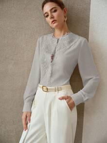 MOTF PREMIUM WOMEN'S ELEGANT LACE TRIM LONG SLEEVE BLOUSE - Light Grey - View 5