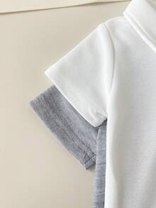 Playful Pals Baby Boy Summer Knit Romper Set, Solid Color Short Sleeve Half-Button Front Romper 2pcs, Suitable For Casual Outings - Grey - View 5