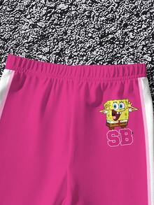 SpongeBob SquarePants | SHEIN Young Girl Cartoon Print Short Sleeve T-Shirt And Shorts Casual Set, - White - View 7