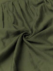 Aalyst Women's Spring/Summer Commute Single-Thread Bamboo Linen Solid Color V-Neck Pleated Dropped Shoulder Cuffed Short Sleeve Blouse - Army Green - View 6
