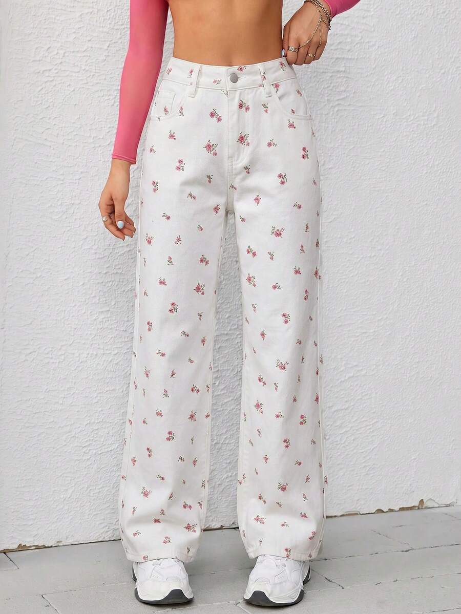 SHEIN PETITE 女款花卉印花口袋鈕扣休閒優雅百搭日常穿著牛仔褲 度假白色花卉夏季款 - 白色 - 查看 1