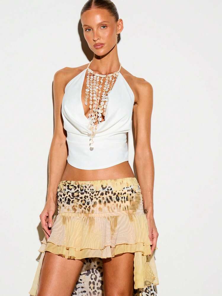 Shell Trim Cowl Neck Halter Crop Top