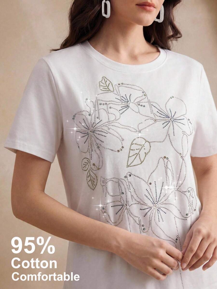 Anewsta Elegant Women's Top, Minimalist Casual Summer Sequin Embroidered Short Sleeve T-Shirt, 95% Cotton Top - White - View 1