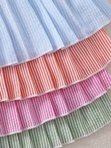 1 Set Randomly Sent Girls Toddler Multiple Colors Rose Pink Blue Green Orange Bubble Vertical Stripe Round Neck Pleated A-Line Tank Top With Bow Long Pants Set - Multicolor - View 3