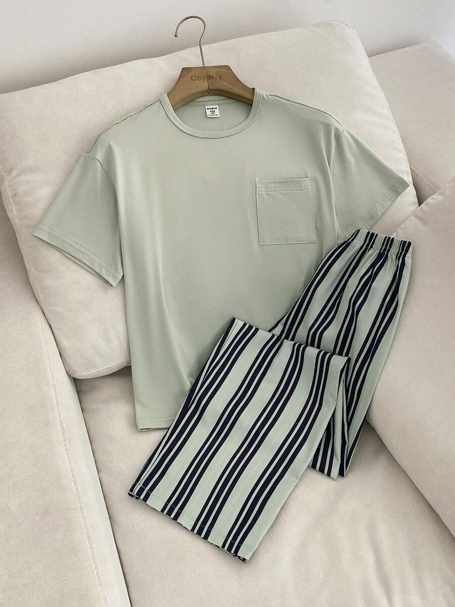 SHEIN Vintaside Kids 青少年男孩簡約清新綠色圓領羅紋雙面刷毛面料短袖上衣與黑綠條紋梭織面料長褲，簡約舒適居家服2件套
