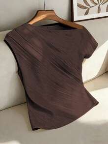 Elenzga Women's Spring/Summer New Elegant Sexy Asymmetric Shoulder Design Textured Pleated Minimalist Solid Color Loose Fit Slimming Suitable For Dark Brown - Brown - View 6