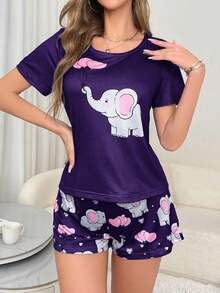 SHEIN Cute Elephant Heart 2 Pieces Women's Pajama Set - Multicolor - View 4