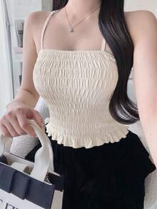 FRIFUL 女款夏季純色前綁帶細肩帶上衣與百褶荷葉邊裝飾背心兩件套 - 黑色 - 查看 8