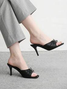 CUCCOO BIZCHIC Elegant Square Toe Bow Elegant Open-Toed Heel Commuter Versatile Slippers Summer - Black - View 4