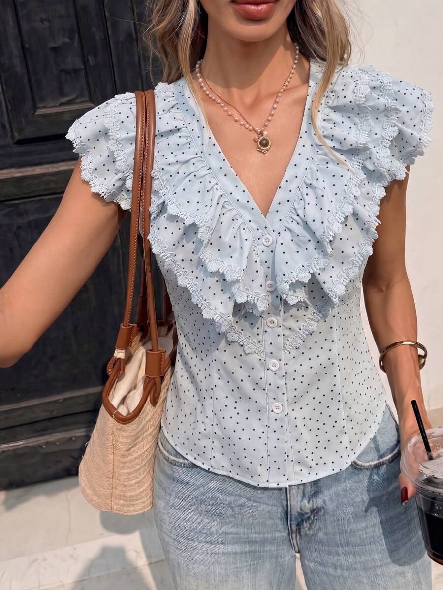 Pariaura Camisa azul con volantes de lunares negros, blusa de lunares estilizante para mujer, conjunto de verano elegante para vacaciones - Multicolor - Ver 1