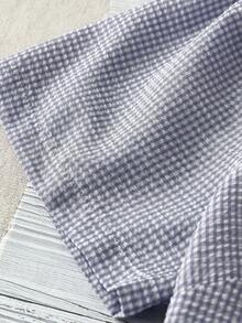 Linhara Kemeja Kasual Lengan Pendek Leher V Warna Polos Bertekstur Ukuran Plus Wanita, Atasan untuk Acara Liburan. - Dusty Blue - View 6