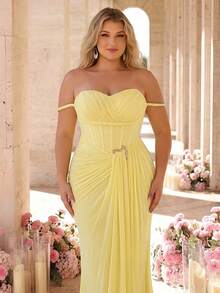 Glamrae Elegant Yellow High-Stretch Mesh Off-Shoulder Rope Asymmetrical Split Metal Decor Fish Tail Summer Formal Evening Heavy-Work Evening Gown For All - Yellow - View 4