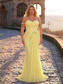 Glamrae Elegant Yellow High-Stretch Mesh Off-Shoulder Rope Asymmetrical Split Metal Decor Fish Tail Summer Formal Evening Heavy-Work Evening Gown For All - Yellow - View 8