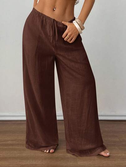 Summer Boho Vacation Holiday Linen Pants Women,Low-Waist Loose Wide Leg Trousers,Petite Casual Elegant Chic Beach Bottoms,Old Money Style