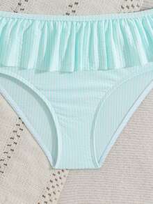 SHEIN Tween Girls Bikini Sets, Blue And White Color Block Striped Cute Ruffle One-Shoulder Flounce Single Adjustable Strap Ruffle Trim Triangle Swimsuit Two Pieces Set - Mint Blue - View 4