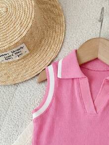 SHEIN LMoss Kids 女嬰可愛夏季條紋 Polo 背心上衣搭配彈性腰圍荷葉邊短褲套裝 - 粉色 - 查看 4