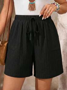 EMERY ROSE Short décontracté confortable pour femmes grande taille, couleur unie, avec ceinture à nouer et poches - Noir - Voir 3