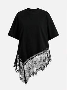 SHEIN 青少年女孩 春夏新款休閒簡約色針織圓領蕾絲飾邊拼接不對稱下擺寬鬆短袖T恤 - 黑色 - View 5