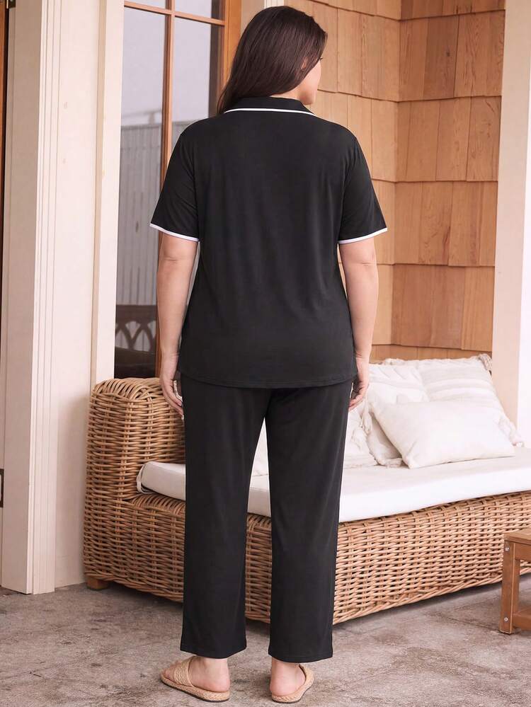 Doze Lane Bộ đồ ngủ mặc nhà nữ size lớn phong cách tối giản, viền tương phản, casual - màu đen - Xem 3