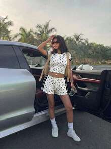 Muchica Plus Size Summer Casual Polka Dot & Striped Print T-Shirt And Shorts 2 Piece Set - Multicolor - View 6