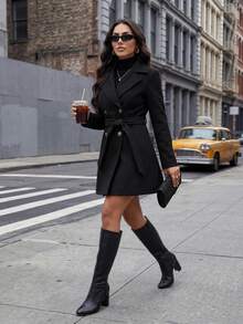 SHEIN Lady 秋冬季卡其色翻领羊毛大衣优雅女士秋装风衣女外套双排扣羊毛大衣带吊带设计冬季女士夹克风衣女士外套秋季女装搭配冬季女装女士服装秋季女装 - 黑色 - 查看 5